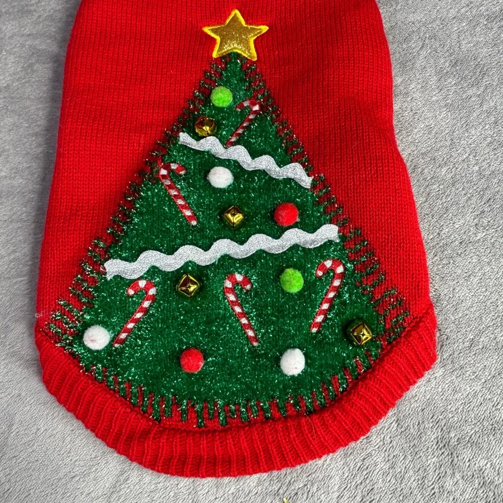 Merry & Bright Christmas Tree Pet Sweater Red Med Jingle Bells Pom Poms‎ Holiday